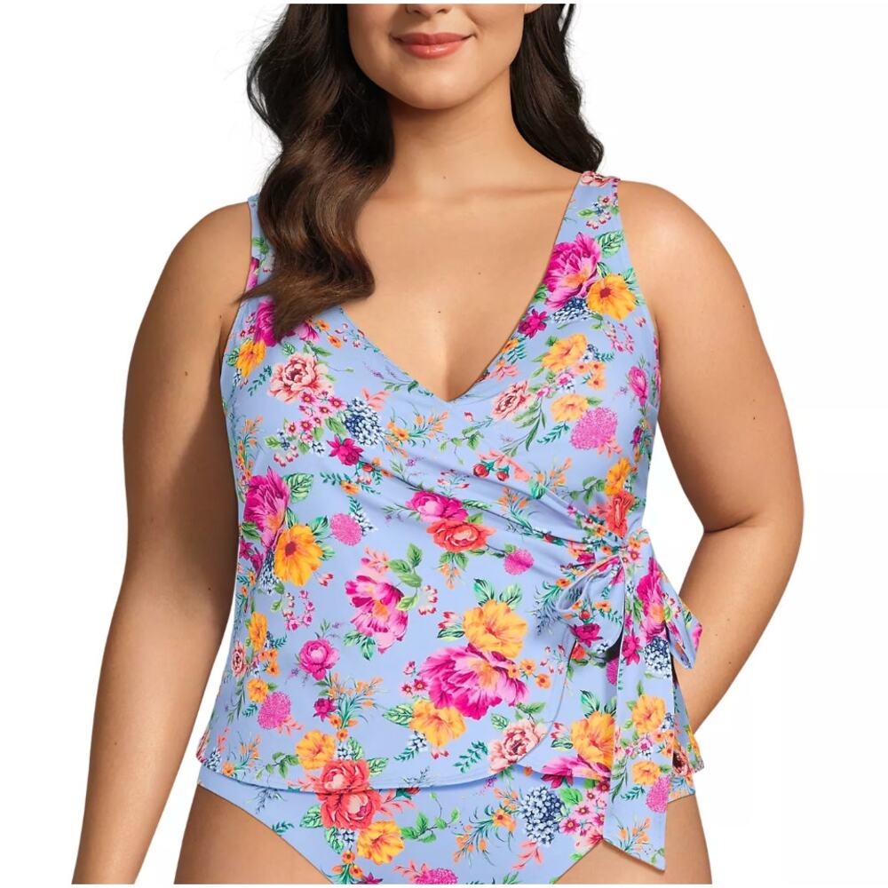 Lands' End Side Tie Wrap Tankini Swim Top Cloud Blue Floral Plus Size 18W